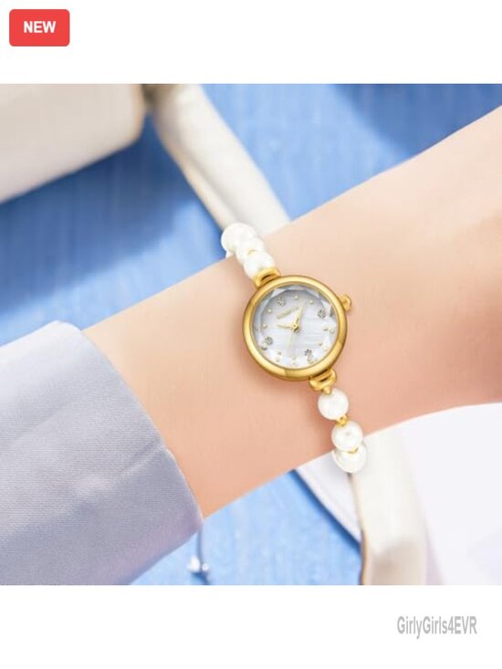 Pearl Bracelet Watch, Petite 22mm Dress Watch, Quartz Analog with Slider Clasp